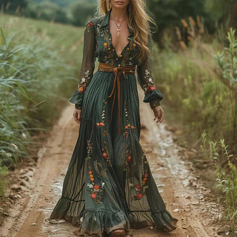 Retro Bohemian Floral Maxi Dress - Zeagoo Green / XL Retro Bohemian Floral Maxi Dress - Zeagoo Green / XL