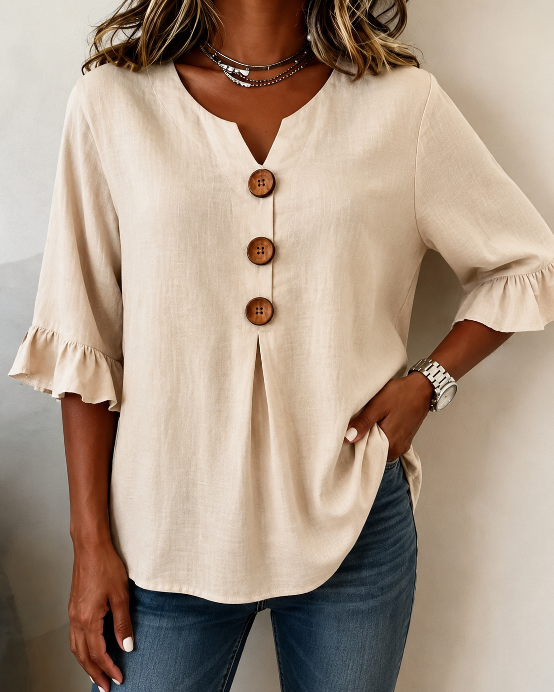 Women's Ruffle Front Blouse – Button Detail Flowy Long Sleeve Blouse