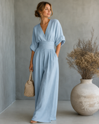 Women's V-Neck Wrap Wide Leg Jumpsuit – Cinched Waist Wedding Guest Jumpsuit