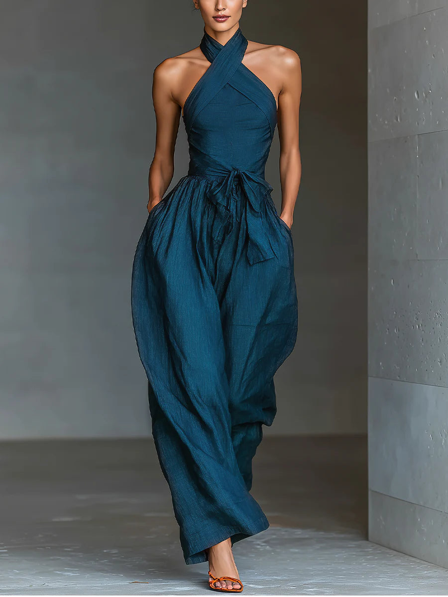 Women's Cross Halter Wide Leg Jumpsuit – Sleeveless Side Pocket Summer Jumpsuit