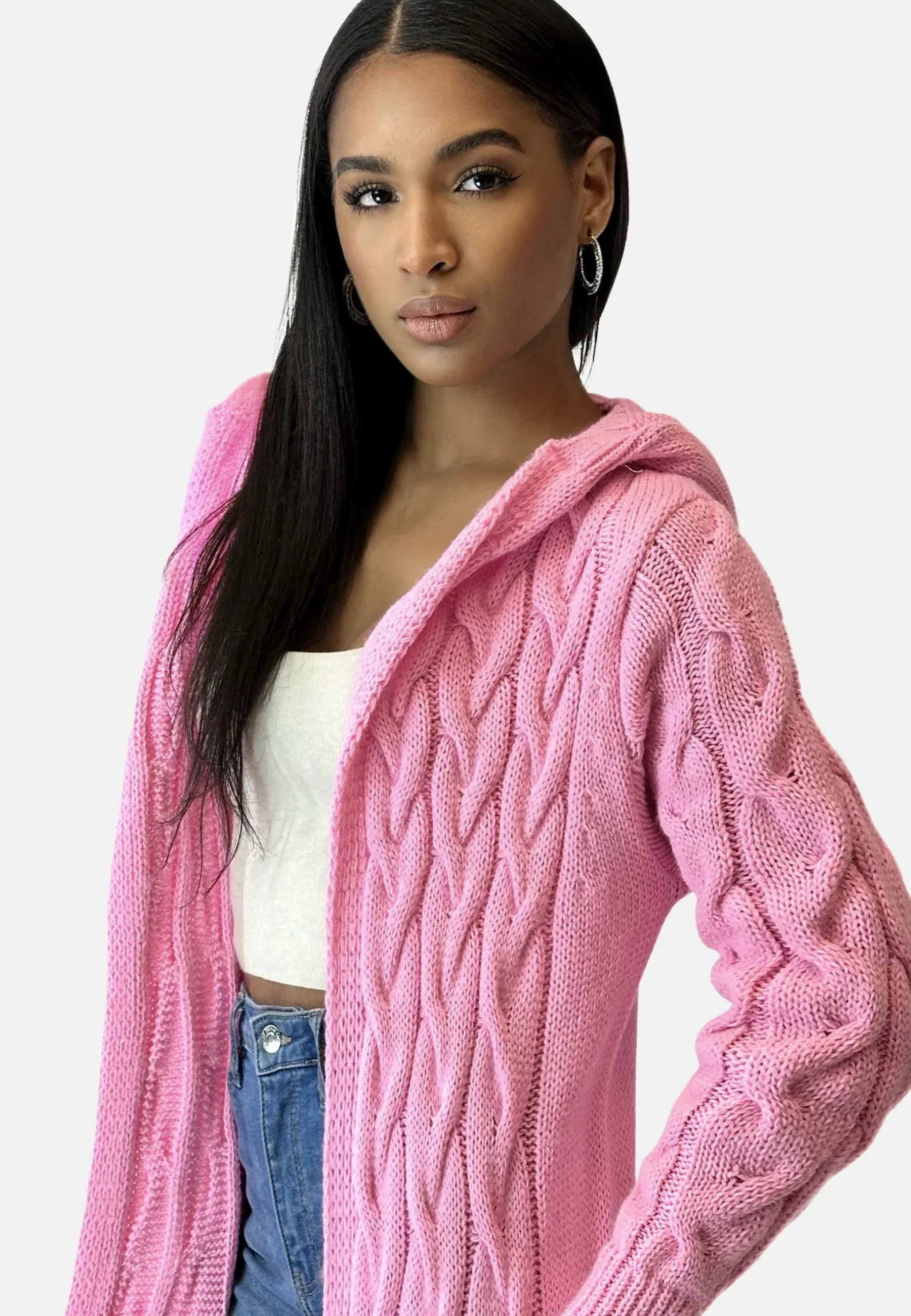 Women's Textured Hooded Cardigan – Long Relaxed Winter Cardigan