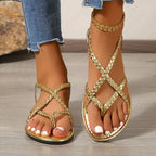 Women's Flat Sandals with Braided Straps and Cutout Design