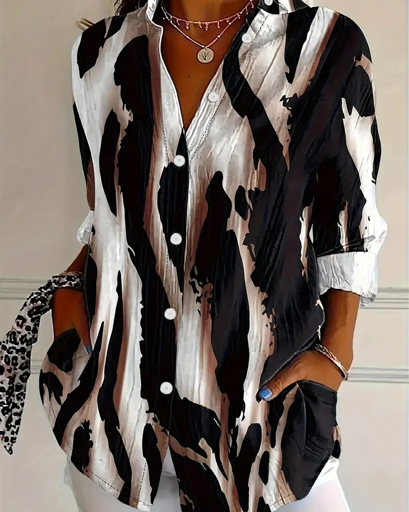 Women's Asymmetrical Print Blouse – Stand Collar Long Sleeve Blouse