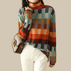 Women's Patchwork Turtleneck Sweater – High Neck Patterned Pullover
