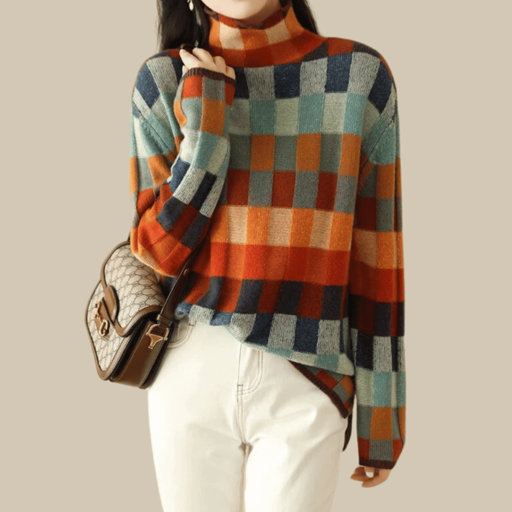 Women's Patchwork Turtleneck Sweater – High Neck Patterned Pullover