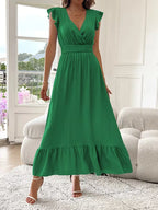 Women's V-Neck Tiered Maxi Dress – Short Sleeve Smocked Waist Evening Dress