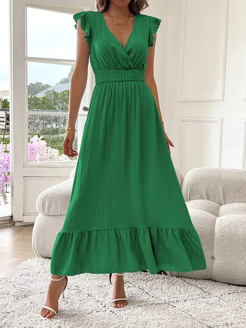 Women's V-Neck Tiered Maxi Dress – Short Sleeve Smocked Waist Evening Dress
