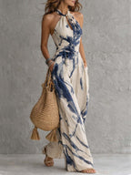 Women's Tummy Control Wide Leg Jumpsuit – Halter Neck Printed Jumpsuit