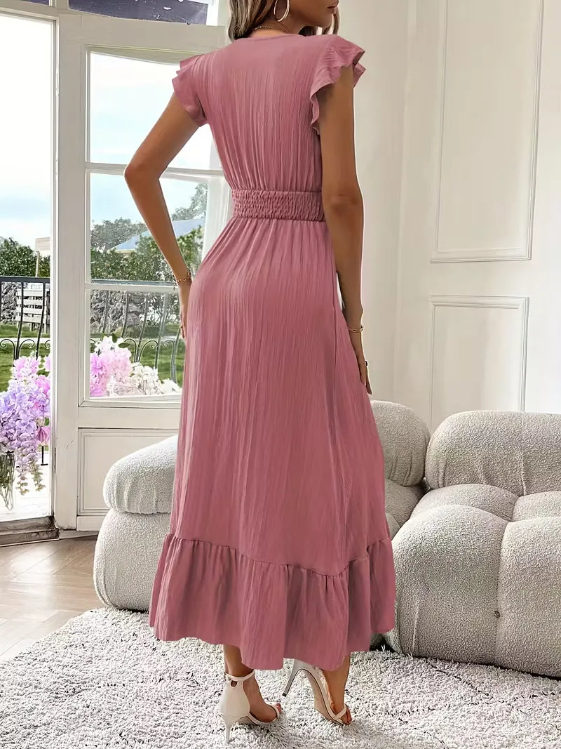 Women's V-Neck Tiered Maxi Dress – Short Sleeve Smocked Waist Evening Dress