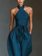 Women's Cross Halter Wide Leg Jumpsuit – Sleeveless Side Pocket Summer Jumpsuit