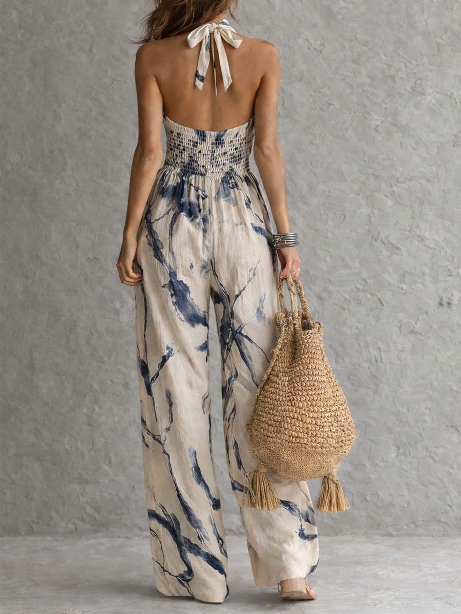 Women's Tummy Control Wide Leg Jumpsuit – Halter Neck Printed Jumpsuit