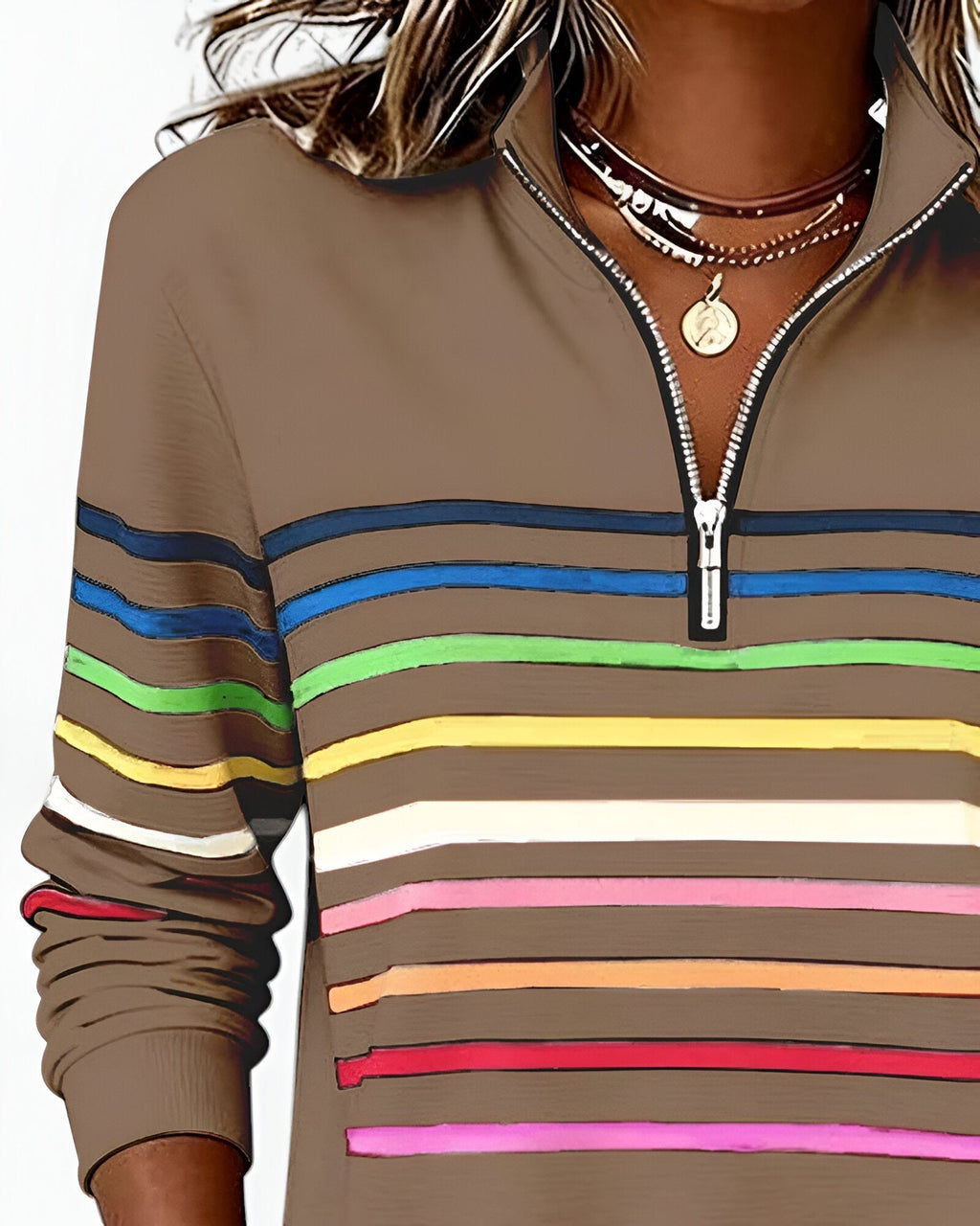 Women's Striped Quarter-Zip Sweater – High Neck Long Sleeve Pullover