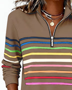 Women's Striped Quarter-Zip Sweater – High Neck Long Sleeve Pullover