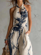 Women's Tummy Control Wide Leg Jumpsuit – Halter Neck Printed Jumpsuit