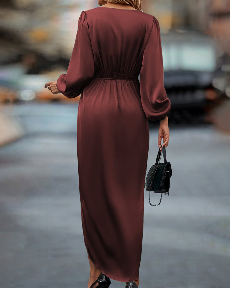 Women's Cocktail A-Line Midi Dress – V-Neck Balloon Sleeve Dress