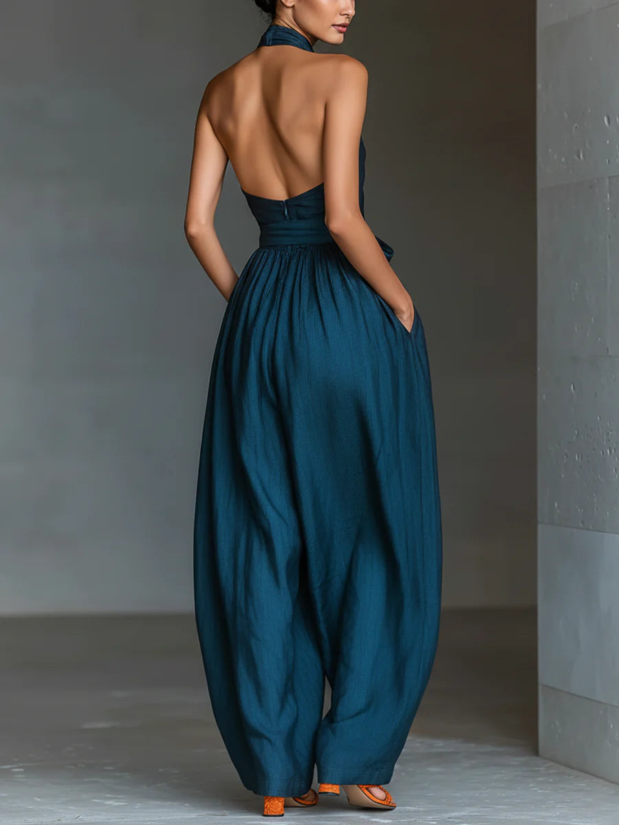 Women's Cross Halter Wide Leg Jumpsuit – Sleeveless Side Pocket Summer Jumpsuit
