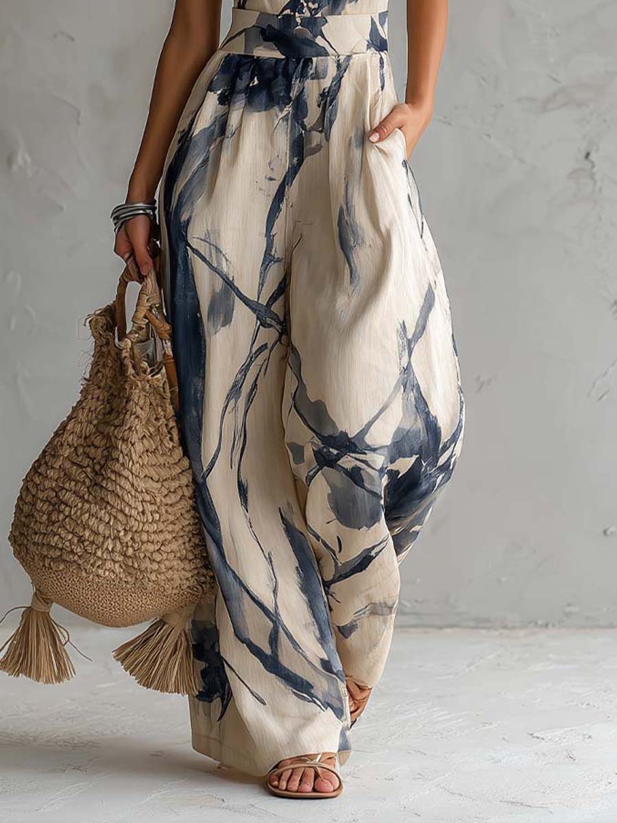 Women's Tummy Control Wide Leg Jumpsuit – Halter Neck Printed Jumpsuit
