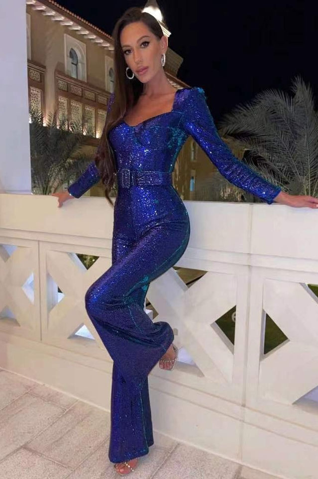 Women's Fitted Sequin Jumpsuit – Sparkle Evening Cocktail Jumpsuit