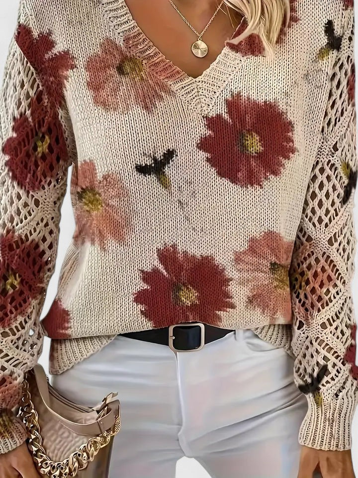 Women's Floral V-Neck Cardigan – Lightweight Flower Knit Cardigan