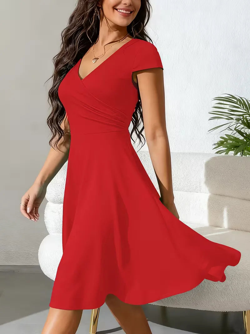 Women's V-Neck A-Line Dress – Short Sleeve Knee Length Pocket Dress