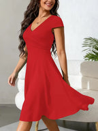 Women's V-Neck A-Line Dress – Short Sleeve Knee Length Pocket Dress