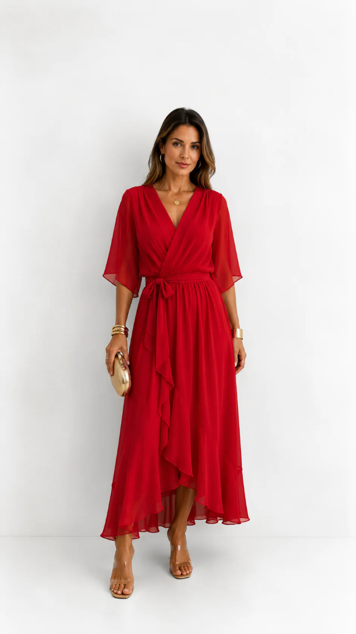 Women's V-Neck Wrap Dress – Tie Waist Flowy Occasion Dress