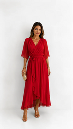 Women's V-Neck Wrap Dress – Tie Waist Flowy Occasion Dress