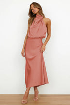 Women's Flowy Halter Midi Dress – Relaxed Cocktail Occasion Dress