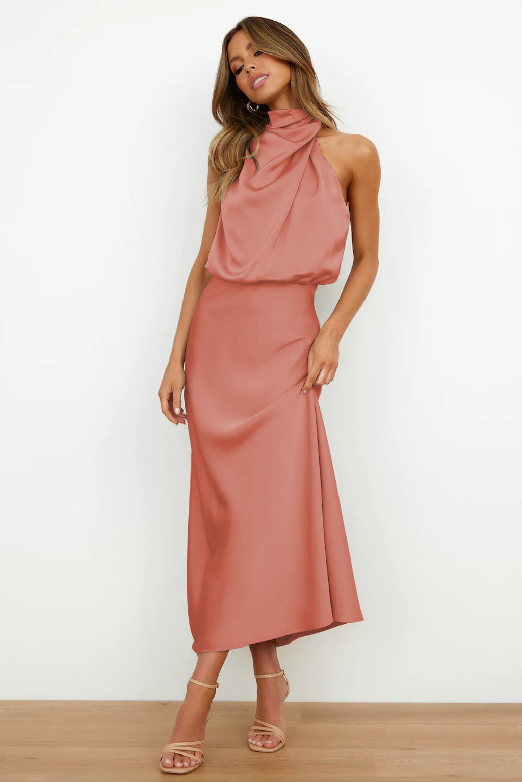 Women's Flowy Halter Midi Dress – Relaxed Cocktail Occasion Dress