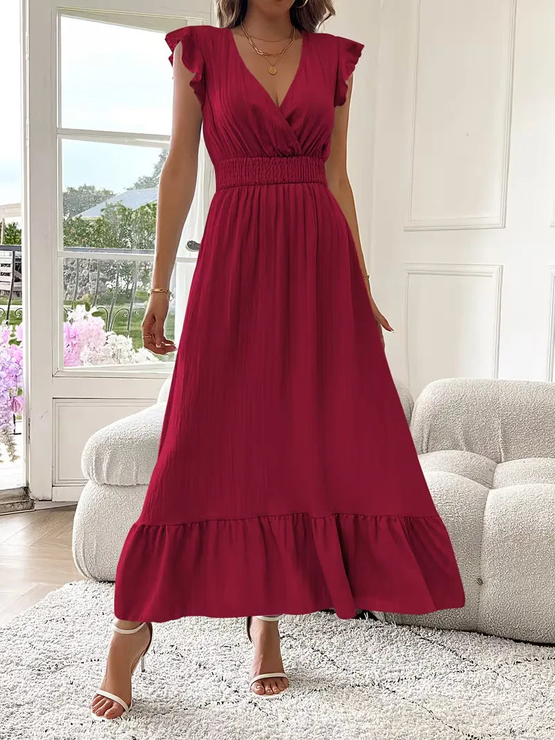 Women's V-Neck Tiered Maxi Dress – Short Sleeve Smocked Waist Evening Dress
