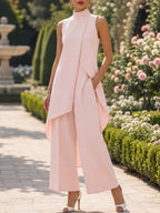 Women's Sleeveless Layered Jumpsuit – High Neck Asymmetrical Wide Leg Jumpsuit