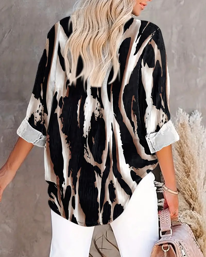 Women's Asymmetrical Print Blouse – Stand Collar Long Sleeve Blouse