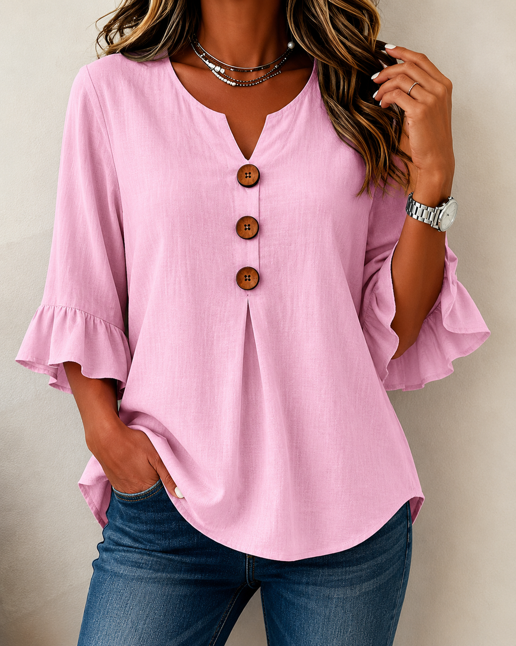 Women's Ruffle Front Blouse – Button Detail Flowy Long Sleeve Blouse