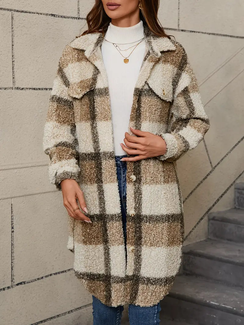 Women's Oversized Teddy Coat – Checked Fleece Winter Overcoat