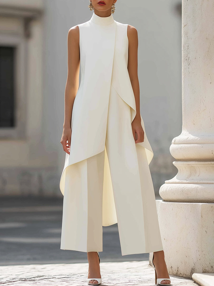 Women's Sleeveless Layered Jumpsuit – High Neck Asymmetrical Wide Leg Jumpsuit