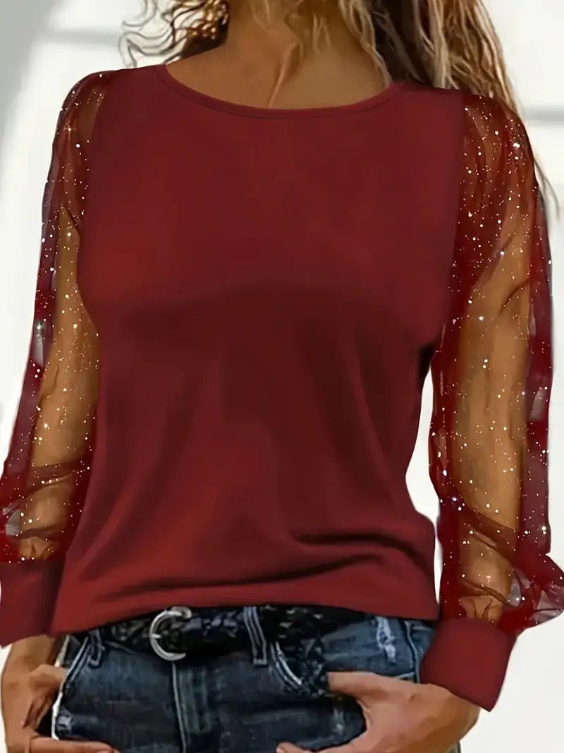 Women's Glitter Sheer Sleeve Blouse – Sparkly Mesh Sleeve Party Blouse