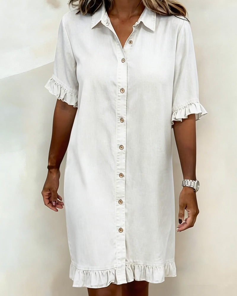 Women's Flounce Sleeve Shirt Dress – Button Front Knee-Length Dress