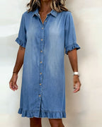 Women's Flounce Sleeve Shirt Dress – Button Front Knee-Length Dress