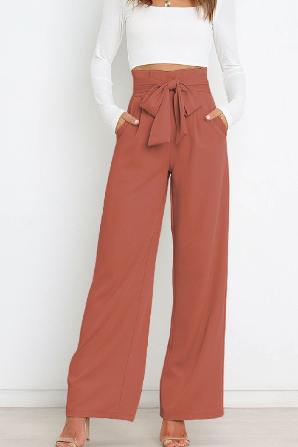 Women's High Waist Paperbag Pants – Bow Waist Wide Leg Trousers