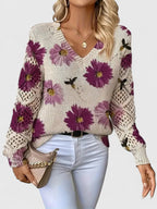 Women's Floral V-Neck Cardigan – Lightweight Flower Knit Cardigan