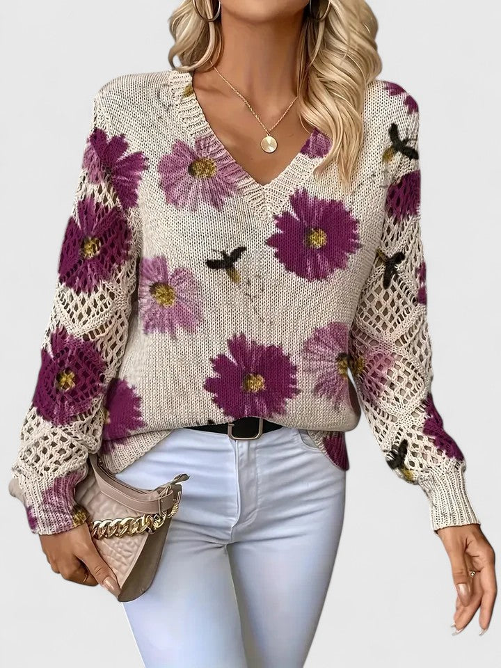 Women's Floral V-Neck Cardigan – Lightweight Flower Knit Cardigan