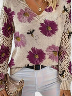 Women's Floral V-Neck Cardigan – Lightweight Flower Knit Cardigan