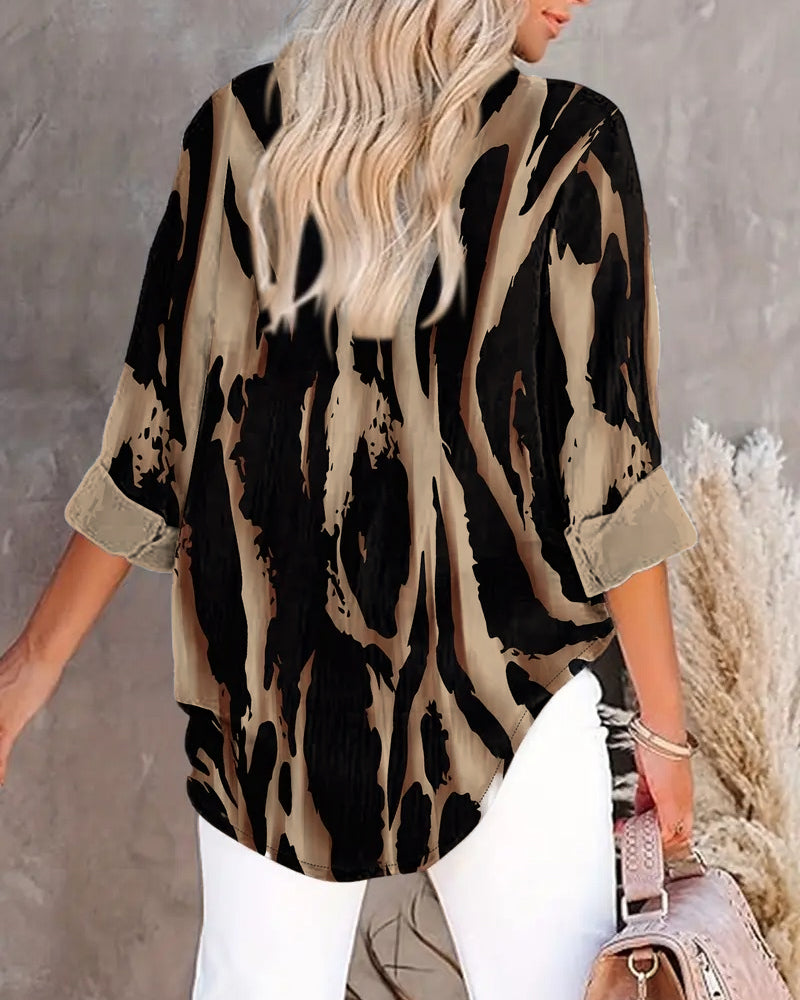Women's Asymmetrical Print Blouse – Stand Collar Long Sleeve Blouse