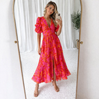Women's Puff Sleeve Maxi Dress – V-Neck Occasion Dress