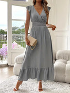 Women's V-Neck Tiered Maxi Dress – Short Sleeve Smocked Waist Evening Dress
