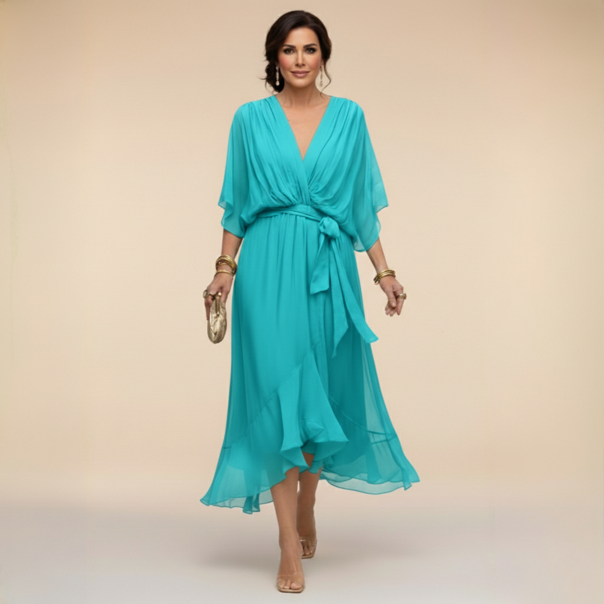 Women's V-Neck Long Sleeve Dress – Flowy Formal Occasion Dress