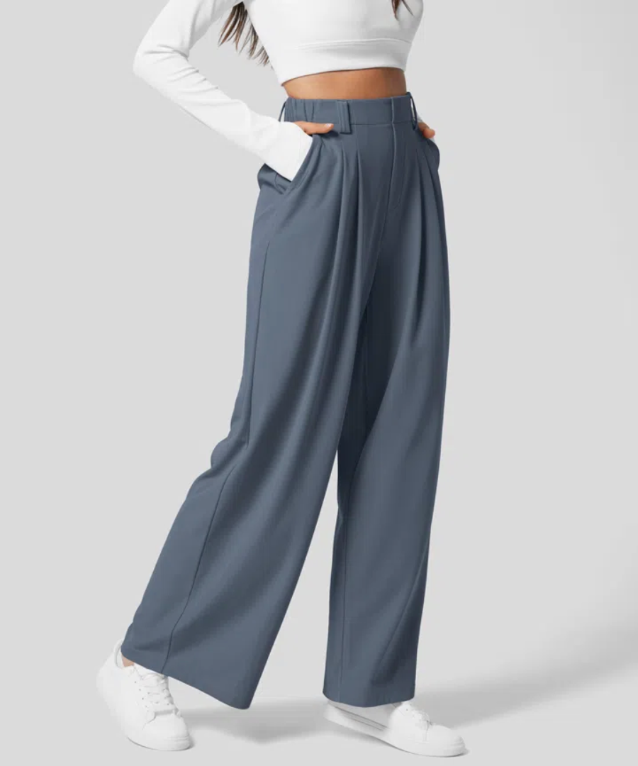 Women's High Waist Wide Leg Pants – Elastic Waist Four Pocket Trousers