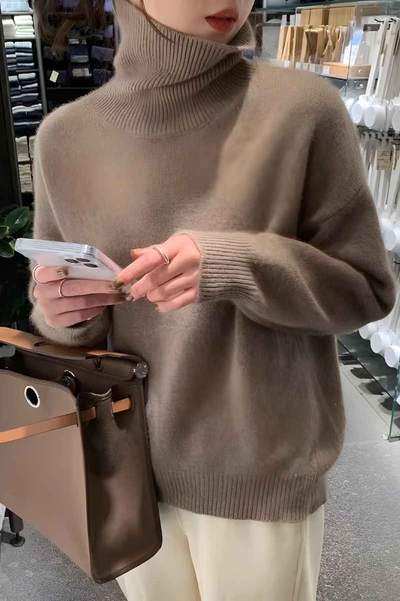 Women's High Neck Roll Sweater – Long Sleeve Relaxed Knit Pullover