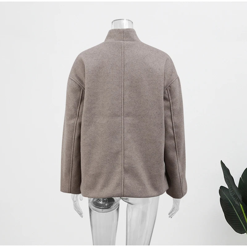 Women's Stand Collar Winter Coat – Relaxed Double-Breasted Overcoat