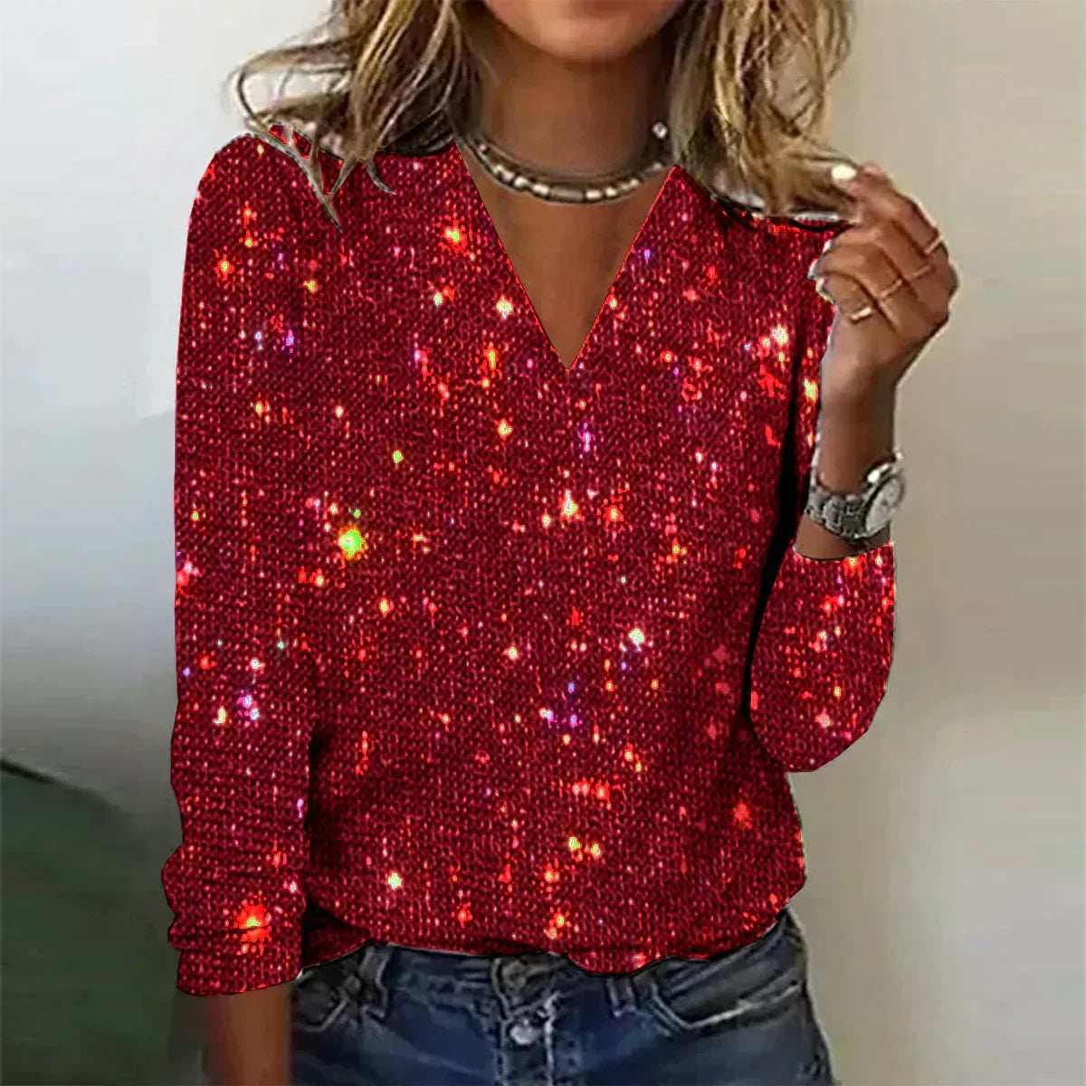 Women's Sequin V-Neck Sweater – Sparkle Detail Long Sleeve Knit Pullover